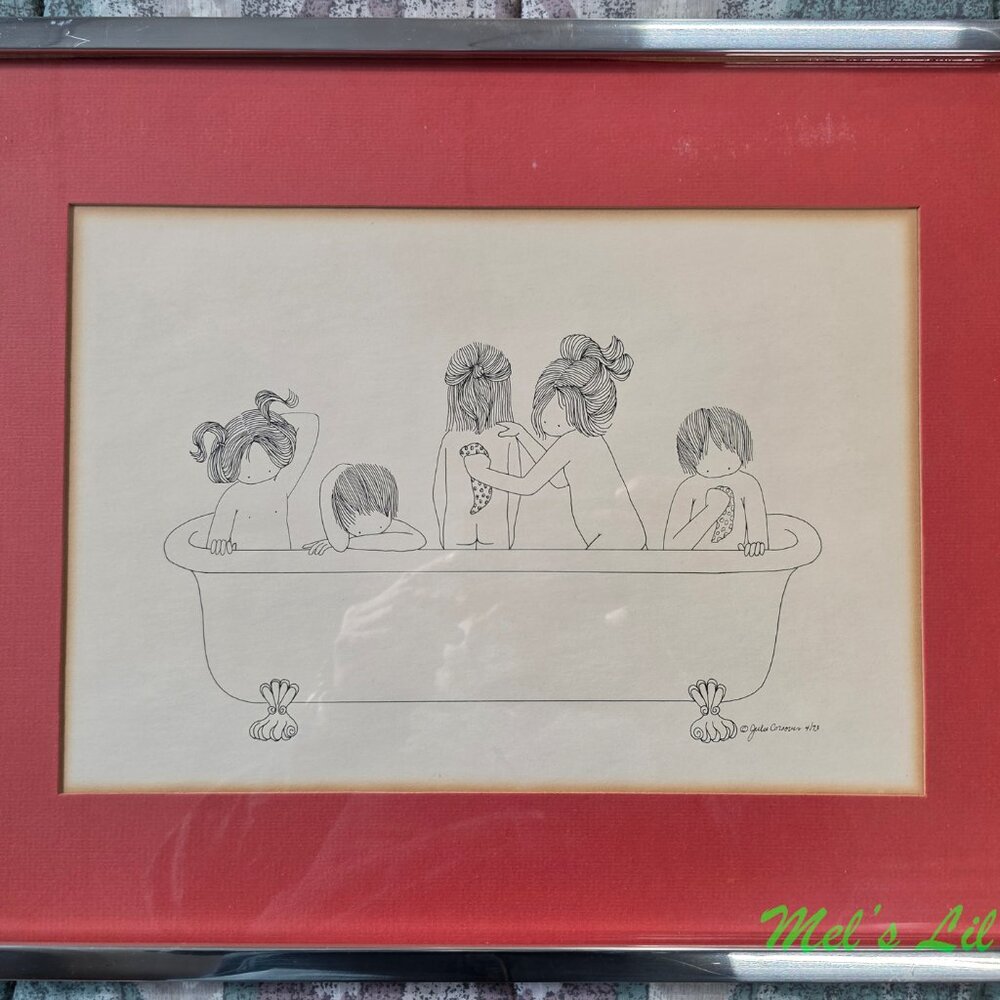 Julie Corsover Children's Print "Bathtub" - Vintage 1973 framed